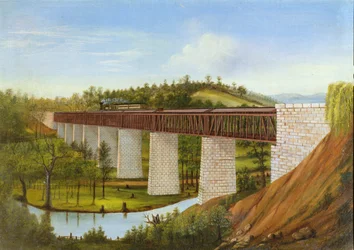 Vista de un puente cubierto y ferrocarril, c.1870