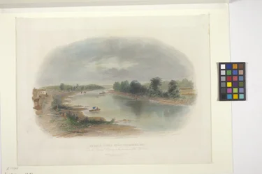 Río Wabash, cerca de Vincennes, Indiana (aguafuerte coloreado a mano)