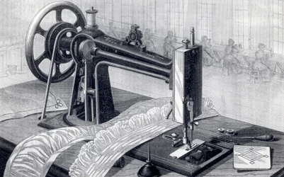 Máquina de coser Wilson, mostrando transmisión por correa desde el pedal y lata de aceite, de Park Benjamin Appletons Cyclopedia of Applied Machines, publicado en 1880