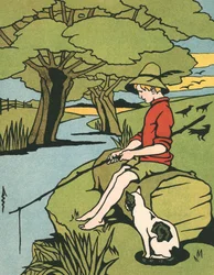 Niño pescando en un río con su gato