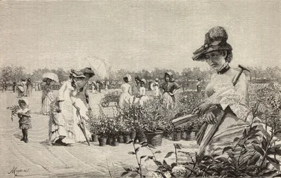 Mujeres paseando en Brera, Milán, Italia, grabado del cuadro Maggio (Mayo) de Amerino Cagnoni (1853-1923), de L