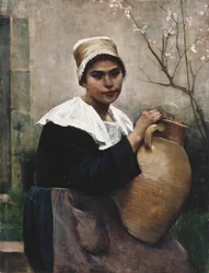 Chica bretona con una jarra en la mano