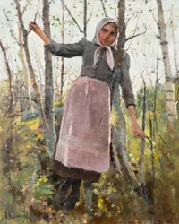 Primavera; Niña en un bosque de abedules