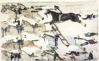Batalla de Little Big Horn 25-26 de junio de 1876. Retirada de los batallones del 7º de Caballería estadounidense al mando del comandante Marcus Reno. Pintura de Amos Bad Heart Buffalo (Sioux) c. 1900