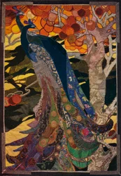 Panel de pavo real en patchwork, hacia 1920