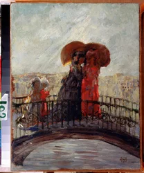 Bajo la lluvia (In the rain). Pintura de Anatoli Afanasyevich Arapov (1876-1949). Óleo sobre lienzo, 36 x 28 cm