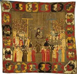 Procesión del Domingo de Ramos en Moscú el 8 de abril de 1498. Zoe Palaiologina con hijas a la izquierda, Iván III, Elena de Valaquia, D, 1498