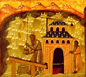Producción de sal en el Monasterio de la Transfiguración de Solovetsky en las Islas Solovetsky, siglo XVII