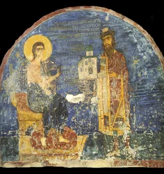 Gran Príncipe Yaroslav II Vsevolodovich con modelo de la Iglesia de Nereditsa ante Cristo