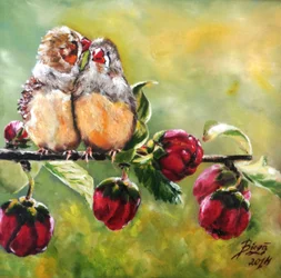 Pájaros enamorados en una rama