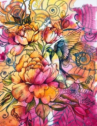 Aves entre flores de vivos colores
