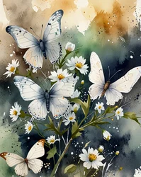 Mariposas blancas y margaritas