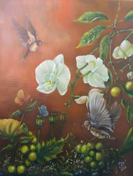 Orquídeas blancas y pájaros