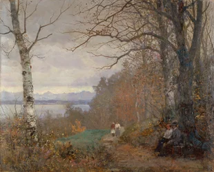 Paisaje lacustre arbolado con figuras sentadas en un banco (óleo sobre lienzo)