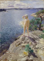 ""En las rocas"" Mujer joven desnuda escaneando el horizonte en una playa - Pintura de Anders Leonard Zorn (1860-1920) 1894 Museo Nacional de Arte Oslo Noruega