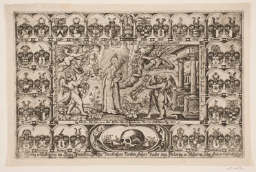 Sophie Brockenhuus y cuatro genios, rodeados de escudos de armas. De sermón fúnebre