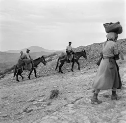 Campesinos volviendo a casa desde los campos en Lucania, Basilicata, Italia