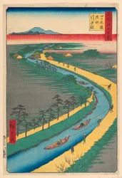 Remolcando barcos de canal, Camino Yotsugi (Yotsugi-dori, yosui hikifune) De la serie Cien vistas famosas de Edo