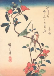 Ojo blanco japonés y herrerillo en una rama de camelia, ca. 1840