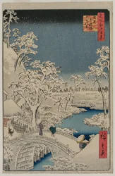 Imagen del crepúsculo en el puente Drum en Meguro..., 1857