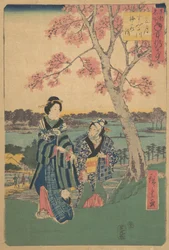 Observación de flores de ciruelo en el tercer mes en el río Sumida de la serie Eventos Anuales en F..., 1854