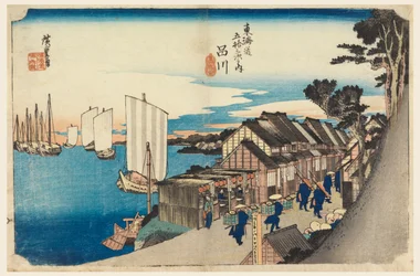 Estación de Shinagawa, Amanecer, en Las Cincuenta y Tres Estaciones del Camino de Tokaido (Tokaido Gojusan Tsugi-no Uchi)