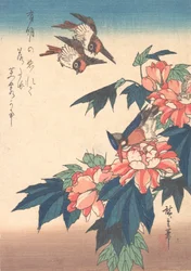 Golondrinas y martín pescador con malvas rosas, ca. 1838