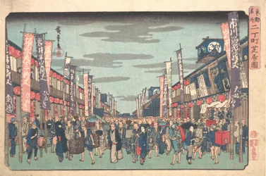Vista de los teatros Kabuki en Sakai-cho en el día de apertura de la nueva temporada, ca. 1838