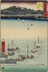 Barcos de vela en la puerta del ferry de Yabase en la playa de Kusatsu