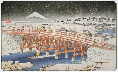 Un puente en Yedo con el Monte Fuji al fondo
