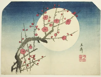 Una rama de ciruelo rojo contra la luna de verano, c.1840 (grabado en madera en color; uchiwa-e)