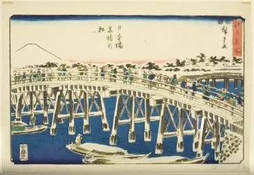 Mañana despejada después de la nieve en el Puente Nihonbashi (grabado en madera a color)