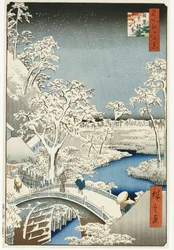 Puente del tambor y colina del "Sol poniente", Meguro, de la serie "Cien vistas de lugares famosos en Edo", publicado c.1858