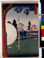 Estampa japonesa: El hipódromo de Takata (Tokio, Japón). Serie cien vistas famosas de Edo. (La pista de caballos en Takata, Cien vistas famosas de Edo). Obra de Utagawa Hiroshige (1797-1858), xilografía (39x26 cm)