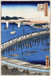 Xilografía japonesa: Las orillas del río en el puente Ryogoku (Tokio, Japón). Serie cien vistas famosas de Edo. (Orilla del río en el puente Ryogoku. Cien vistas famosas de Edo). Obra de Utagawa Hiroshige (1797-1858), xilografía