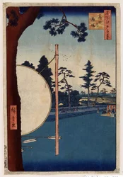 Estampa japonesa: El hipódromo de Takata (Tokio, Japón). (Serie cien vistas famosas de Edo). (La pista de caballos en Takata. Cien vistas famosas de Edo). Obra de Utagawa Hiroshige (1797-1858), xilografía