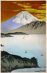 Geografía. Japón. Amanecer en el Monte Fuji. Xilografía de Hiroshige en: Cincuenta y Tres Estaciones del Tokaido (1833-1834). Postal, Japón, c.1900