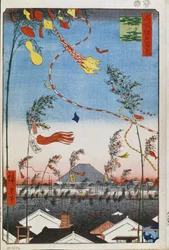 Prosperidad en toda la ciudad durante el Festival de Tanabata (Cien vistas famosas de Edo) (Tokio, Japón) - Obra de Utagawa Hiroshige (1797-1858), grabado japonés (39x26 cm), hacia 1858 - Prosperidad en toda la ciudad durante el Festival de Tanabata (Cien