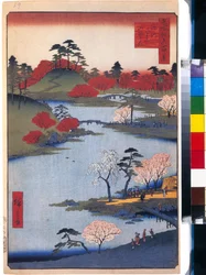 Le jardin du temple Hachiman a Fukagawa (cent vues celebres de Edo) - Oeuvre de Utagawa Hiroshige (1797-1858), estampe japonaise, vers 1858 - (Jardín abierto en el Santuario Hachiman en Fukagawa (Cien vistas famosas de Edo), Color grabado en madera por Hir
