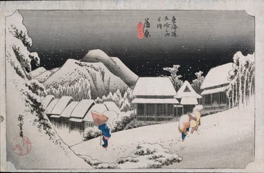 Nieve nocturna, Kambara, ilustración de la serie "Cincuenta y tres estaciones en el Tokaido", c.1834-35