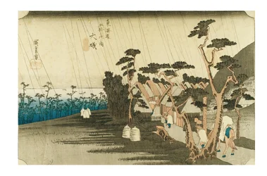 Oiso: La lluvia de Tora, de la serie Las cincuenta y tres estaciones del Tokaido, c.1831-1834 (xilografía sobre papel)