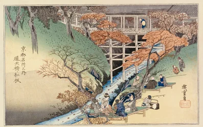 Hojas de arce rojo en el puente Tsuten, de la serie "Lugares famosos de Kioto"