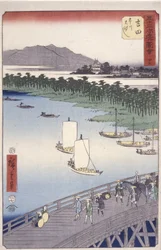 Estación 35, Yoshida; Serie Kyoka Tokaido (Figuras cruzando en primer plano) (xilografía en color)