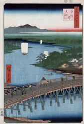El gran puente de Senju cruzando el río Sumida, con montañas al fondo, xilografía de Ando Hiroshige