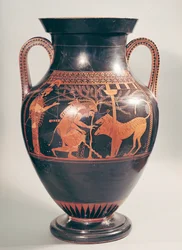 Ánfora ática de figuras rojas que representa a Heracles capturando a Cerbero, griega, de Atenas, siglo VI a. C.