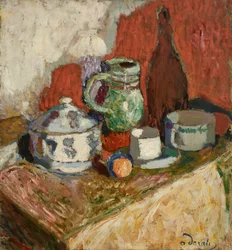 Bodegón con sopera y botella