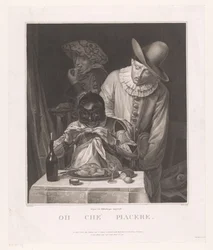 Enmascarado con Pierrot y hombre con sombrero Oh che piacere (título sobre objeto)