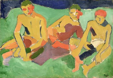Tres figuras sentadas sobre la hierba (óleo sobre lienzo)