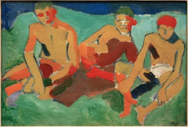Tres figuras sentadas en la hierba