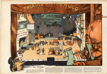 Teatro por Victor Hugo por André Devambez (1867-1944) caricatura en "Le rire" de 1902